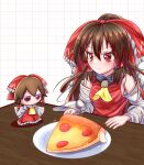  1girl absurdres ascot bow brown_eyes brown_hair closed_mouth commentary detached_sleeves doll food fumo_(doll) grid_background hair_bow hair_tubes hakurei_reimu highres long_hair pizza plate ponytail red_bow sidelocks sitting solo star_shin table touhou white_background yellow_ascot 