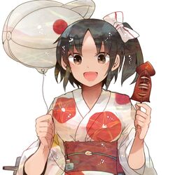  1girl balloon black_hair brown_eyes food holding holding_balloon holding_food ikayaki itomugi-kun japanese_clothes kantai_collection kimono nagara_(kancolle) obi official_alternate_costume one_eye_closed open_mouth sash short_hair simple_background smile solo upper_body white_background white_kimono wide_sleeves 