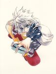  1boy black_shirt blue_eyes grin highres hunter_x_hunter killua_zoldyck layered_sleeves long_sleeves looking_at_viewer male_child male_focus messy_hair shirt short_hair short_over_long_sleeves short_sleeves skateboard smile spiky_hair t-shirt white_hair white_shirt yo-yo yukot 