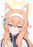  1girl akira_(g0dspeed) animal_ear_fluff animal_ears blue_archive blue_eyes flower grey_background hair_between_eyes hair_flower hair_ornament hair_ribbon hairband halo highres jacket long_hair looking_at_viewer mari_(blue_archive) mari_(track)_(blue_archive) orange_hair ribbon simple_background smile solo track_jacket translation_request upper_body white_hairband white_ribbon yellow_halo zipper 