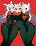  3girls animal_ear_fluff animal_ears black_gloves black_pants blush cerberus_(helltaker) commentary forehead gloves helltaker hug long_hair long_sleeves looking_at_viewer multiple_girls pants red_background red_eyes siblings simple_background sisters smile standing white_hair zeon_(zzeeonn) 