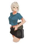  1girl absurdres belt blonde_hair evil_smile green_eyes highres original pen_guin15 shirt shorts smile t-shirt undressing white_background 