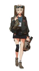  1girl absurdres backpack bag binoculars blonde_hair eyewear_on_head full_body green_eyes hair_intakes helmet highres id_card jacket knee_pads military original pen_guin15 shorts solo tactical_clothes white_background 