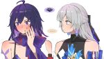  ... 2girls blush bronya_zaychik closed_mouth hand_on_own_cheek hand_on_own_face highres honkai:_star_rail honkai_(series) kaosmccloud looking_at_another multiple_girls purple_hair seele_(honkai:_star_rail) spoken_ellipsis spoken_squiggle squiggle violet_eyes 