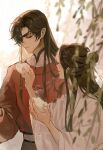  2boys ^_^ bishounen black_hair blurry blurry_foreground braid butterfly_necklace chinese_clothes closed_eyes eyelashes eyepatch fingernails food food_request hair_bun hair_ornament hand_up hanfu highres holding holding_food hua_cheng jewelry long_hair long_sleeves looking_at_another male_focus mandarin_collar multiple_boys necklace one_eye_covered open_mouth parted_bangs parted_lips robe shirt side_braid sidelocks single_braid single_hair_bun smile tantanmokou tianguan_cifu white_background white_robe wide_sleeves xie_lian 
