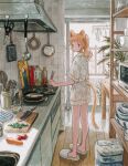  1girl animal_ears bowl carrot cat_ears cat_girl cat_tail chopsticks cooking cup cutting_board egg_(food) eokaku_surimi fish food frying_pan full_body highres holding holding_chopsticks indoors kitchen kitchen_hood kitchen_knife ladle long_hair looking_at_viewer orange_hair original plant ponytail scissors shirt sink slippers solo soy_sauce_bottle spatula standing stove table tail television tile_wall tiles toilet_paper tomato white_footwear white_shirt 