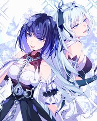  2girls absurdres aer007580 bare_shoulders blue_eyes blue_hair breasts chain hair_ornament hand_on_own_chest highres honkai_(series) honkai_impact_3rd lock long_hair medium_breasts microphone multiple_girls open_mouth purple_hair seele_vollerei seele_vollerei_(stygian_nymph) shigure_kira short_hair sideboob small_breasts violet_eyes 