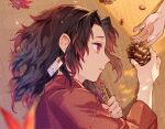  1boy 1other aged_down black_hair blurry blurry_foreground closed_mouth commentary_request expressionless falling_leaves hand_up holding japanese_clothes kimetsu_no_yaiba kimono leaf long_sleeves lying male_focus maple_leaf medium_hair multicolored_hair on_side oyumai parted_bangs pinecone profile red_eyes red_kimono redhead seed sidelocks solo_focus streaked_hair tsugikuni_yoriichi upper_body wooden_floor 