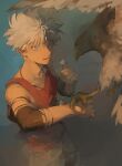  1boy bird blue_eyes collarbone from_above hair_between_eyes hawk highres holding holding_letter hun_bbokbbok hunter_x_hunter jewelry killua_zoldyck letter looking_at_viewer male_child male_focus necklace red_shirt shirt short_hair shorts sleeveless smile solo white_hair white_shorts 