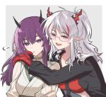  2girls alternate_costume arknights black_necktie black_shirt braid colored_skin commentary_request crop_top demon_girl demon_horns dragon_girl dragon_horns expressionless gold_choker hands_on_another&#039;s_shoulders highres horns hug lava_(arknights) lava_the_purgatory_(arknights) long_hair long_sleeves looking_at_viewer mabing multicolored_hair multiple_girls necktie nian_(arknights) open_clothes open_mouth open_shirt pointy_ears purple_hair red_skin shirt smile streaked_hair twin_braids upper_body violet_eyes white_hair yuri 
