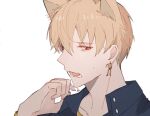  1boy animal_ears blonde_hair cat_ears collared_shirt commentary_request earrings fang fate/grand_order fate_(series) gilgamesh_(fate) highres jewelry male_focus open_mouth red_eyes shirt short_hair shu_(oshigoto_boshuuchuu) simple_background single_earring skin_fang solo white_background 