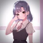  1girl backlighting black_skirt blue_hair blurry blurry_background blush braid breasts dot_nose hand_up highres idolmaster idolmaster_million_live! idolmaster_million_live!_theater_days looking_at_viewer medium_breasts nanao_yuriko neck_ribbon norada open_mouth parted_lips pink_ribbon ribbon shirt short_hair short_sleeves skirt solo suspender_skirt suspenders upper_body white_shirt window yellow_eyes 