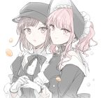  1girl 1other :o akiyama_mizuki black_bow black_bowtie black_headwear bonnet bow bowtie brown_eyes brown_hair choker closed_mouth commentary gloves hand_on_another&#039;s_shoulder kaesmedubu long_hair long_sleeves looking_at_viewer open_mouth pink_eyes pink_hair ponytail project_sekai ribbon_choker shinonome_ena short_hair symbol-only_commentary upper_body white_background white_gloves 
