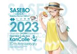  1girl 2023 anchor anniversary batsubyou blonde_hair blue_eyes burger c2_kikan cat cowboy_shot dress eating food hat hoshiakari_(c2_kikan) kantai_collection medium_hair official_alternate_costume robe solo sun_hat tuscaloosa_(kancolle) white_robe yellow_dress 