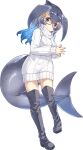  1girl blue_eyes blue_hair blue_whale_(kemono_friends) boots cetacean_tail closed_mouth fins fish_tail game_cg glasses hair_ornament kemono_friends kemono_friends_kingdom long_hair looking_at_viewer official_art solo sweater tachi-e tail transparent_background whale_girl 