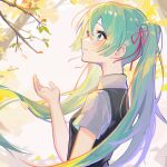 1girl aqua_eyes aqua_hair bare_arms black_vest blurry blurry_background breasts closed_mouth collared_shirt commentary_request day eyelashes falling_petals floating_hair from_side hair_behind_ear hair_between_eyes hair_ribbon hand_up hatsune_miku highres light_blush long_hair looking_up nisokurui open_hand outdoors petals profile red_ribbon ribbon shirt short_sleeves small_breasts smile solo sunlight tree twintails upper_body vest vocaloid white_shirt