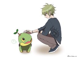  1boy ? amami_rantaro artist_name bracelet brown_pants danganronpa_(series) danganronpa_v3:_killing_harmony earrings from_side green_eyes green_hair hair_between_eyes highres jewelry messy_hair multicolored_background open_mouth pants pokemon ring shirt shoes short_hair smile speech_bubble striped striped_shirt suiren_yurei white_background 