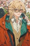  1boy alhaitham_(genshin_impact) blonde_hair braid brown_hair cherry_blossoms closed_mouth collared_shirt contemporary flower genshin_impact glasses green_jacket hair_ornament hairpin highres holding holding_phone jacket kaveh_(genshin_impact) leaf long_hair long_sleeves looking_at_viewer male_focus misu_025 multicolored_clothes multicolored_hair multicolored_jacket phone pink_flower red_eyes red_jacket shirt side_braid solo sweater white_shirt yellow_sweater 