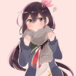  1girl black_cardigan blush brown_background cardigan closed_mouth crescent crescent_pin fringe_trim green_sailor_collar grey_scarf hair_between_eyes hair_ornament itomugi-kun kantai_collection kisaragi_(kancolle) kisaragi_kai_ni_(kancolle) long_hair long_sleeves looking_at_viewer lowres neckerchief open_cardigan open_clothes pout purple_hair red_neckerchief sailor_collar scarf school_uniform serafuku simple_background solo upper_body violet_eyes 