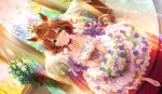  1girl animal_ears aston_machan_(haute_couture_memory)_(umamusume) aston_machan_(umamusume) blush bridal_veil brown_hair church collar collarbone crown dress dutch_angle flower green_eyes hair_between_eyes hair_flower hair_ornament highres horse_ears horse_girl horse_tail lens_flare looking_at_viewer medium_hair official_alternate_costume official_art smile tail umamusume veil wedding_dress window 