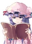  1girl blue_bow blue_ribbon book bow closed_mouth deetamu dress hair_bow hat hat_ribbon highres holding holding_book long_hair long_sleeves mob_cap patchouli_knowledge pink_dress pink_headwear purple_hair reading red_bow red_ribbon ribbon simple_background solo touhou upper_body violet_eyes white_background wide_sleeves 