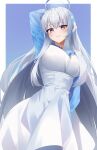  absurdres alternate_costume blue_archive blue_background dress halo highres k_cyp long_hair looking_at_viewer mechanical_ears mechanical_halo noa_(blue_archive) simple_background violet_eyes white_background white_dress white_hair 