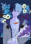  1boy aoyagi_touya beni_tinn blue_flower blue_hair bouquet dark_blue_hair dated facing_viewer floral_background flower grey_eyes hair_between_eyes happy_birthday highres holding holding_bouquet jacket jewelry long_sleeves male_focus mole mole_under_eye multicolored_hair necklace open_clothes open_jacket parted_lips project_sekai purple_flower short_hair sideways_glance solo split-color_hair two-tone_hair upper_body 