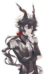  1boy animal_ears arknights artist_name ascot belt black_coat black_hair bow brown_vest buttons coat commentary crossed_arms ebenholz_(arknights) english_commentary english_text epaulettes goat_boy goat_ears goat_horns goat_tail hair_bow hand_up highres horns long_hair looking_at_viewer male_focus open_clothes open_coat parted_lips ponytail red_bow rio_(rio773) simple_background solo twitter_username upper_body vest violet_eyes wavy_hair white_ascot white_background white_belt 