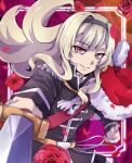  1girl belt black_hairband blonde_hair cape flower foreshortening hairband highres holding holding_sword holding_weapon long_hair periko_modoki red_background red_cape red_eyes red_flower red_rose red_sash rose saijou_claudine sash shoujo_kageki_revue_starlight shoulder_pads shoulder_sash smile solo sword wavy_hair weapon yellow_belt 