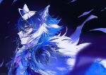  1boy ahoge animal_ear_fluff animal_ears arknights blue_cloak blue_hair blurry blurry_foreground cloak commentary_request dated depth_of_field ear_piercing fur-trimmed_cloak fur_trim gun hair_between_eyes highres looking_at_viewer male_focus myluche parted_lips piercing signature solo upper_body vigil_(arknights) weapon yellow_eyes 