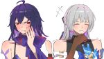  2girls blush bronya_zaychik closed_eyes closed_mouth hand_on_own_cheek hand_on_own_face highres honkai:_star_rail honkai_(series) kaosmccloud looking_to_the_side multiple_girls parted_lips purple_hair seele_(honkai:_star_rail) violet_eyes 