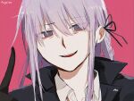  1girl :d artist_name axy_cang black_jacket black_ribbon braid collared_shirt danganronpa:_trigger_happy_havoc danganronpa_(series) hair_between_eyes hair_ribbon hand_up highres index_finger_raised jacket kirigiri_kyoko long_hair looking_at_viewer pink_background portrait ribbon shirt side_braid simple_background smile solo teeth upper_teeth_only white_shirt 