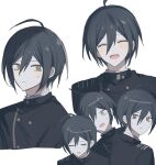  1boy :d ahoge black_hair blush buttons cropped_torso danganronpa_(series) danganronpa_v3:_killing_harmony frown hair_between_eyes long_sleeves looking_at_viewer looking_to_the_side male_focus multiple_views open_mouth portrait saihara_shuichi seuli_(sa404_3) short_hair simple_background smile sweatdrop 