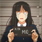  1girl absurdres akiyama_mio barbie_mugshot_(meme) black_hair blazer blue_jacket blue_ribbon character_name collared_shirt commentary copyright_name crying english_commentary highres holding holding_sign jacket k-on! long_hair long_sleeves looking_at_viewer meme mugshot neck_ribbon parted_lips ribbon sakuragaoka_high_school_uniform school_uniform shirt sign solo upper_body white_shirt winter_uniform yellow_nicky 