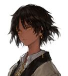  1boy arknights black_hair closed_mouth collared_shirt dark_skin ear_piercing earclip geebee_79 hair_between_eyes jacket looking_at_viewer male_focus orange_eyes piercing ponytail shirt short_ponytail simple_background solo thorns_(arknights) upper_body white_background white_shirt 