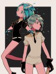  2others amputee androgynous antarcticite aqua_eyes aqua_hair black_gloves black_jacket black_necktie black_shorts border bright_pupils closed_mouth colored_skin contrapposto crystal_hair double_amputee expressionless floating floating_hair gem_uniform_(houseki_no_kuni) gloves grey_eyes grey_hair hand_on_weapon high_collar highres houseki_no_kuni jacket looking_afar looking_at_viewer looking_to_the_side menma_(enaic31) midair multiple_others necktie outside_border parted_lips phosphophyllite puffy_short_sleeves puffy_sleeves shards shirt short_hair short_shorts short_sleeves shorts standing translucent_hair twitter_username white_border white_jacket white_pupils white_shirt white_shorts 