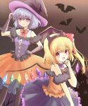  2girls bat_(animal) bat_wings black_gloves black_hairband black_headwear blonde_hair bow bowtie brown_background cross-laced_clothes crystal detached_collar flandre_scarlet gloves gradient_background hairband halloween_costume hand_on_headwear hat highres jack-o&#039;-lantern kmy0318 light_purple_hair medium_hair multiple_girls one_side_up red_bow red_bowtie red_eyes remilia_scarlet short_hair siblings sisters touhou wings witch_hat 