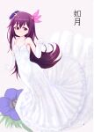  1girl alternate_costume bare_shoulders breasts brown_eyes character_name commentary_request crescent crescent_hair_ornament dress elbow_gloves flower full_body gloves hair_ornament highres kantai_collection kisaragi_(kancolle) kozzy.ta purple_hair small_breasts smile solo spaghetti_strap wedding_dress white_dress white_gloves 