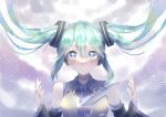  1girl absurdres aqua_eyes aqua_hair clip_studio_paint_(medium) detached_sleeves ellen_drawing grey_background hatsune_miku highres long_hair looking_at_viewer open_mouth signature solo twintails upper_body vocaloid 