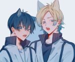  2boys animal_ears black_shirt blonde_hair blue_eyes blue_hair blue_lock cat_boy cat_ears collared_jacket frown gradient_hair isagi_yoichi jacket long_hair looking_at_viewer male_focus michael_kaiser multicolored_hair multiple_boys na_su open_mouth shirt short_hair simple_background two-tone_hair upper_body v-shaped_eyebrows white_background white_jacket white_shirt 