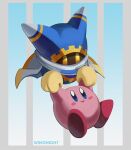  artist_name blue_background blue_eyes carrying cloak commentary english_commentary full_body gradient_background kirby kirby_(series) magolor no_humans winonight yellow_eyes 