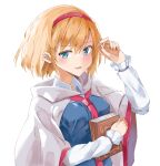  1girl adapted_costume alice_margatroid blonde_hair blue_dress blue_eyes blush book dress hiiragi_(user_slf5165) holding holding_book looking_at_viewer short_hair simple_background solo touhou white_background 
