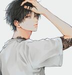  1boy absurdres arm_tattoo arm_up black_hair blue_eyes closed_mouth en_(e898n) highres looking_at_viewer male_focus neck_tattoo original shirt short_hair short_sleeves simple_background solo tattoo upper_body white_background white_shirt wide_sleeves 