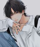  1boy absurdres black_hair blue_eyes blue_pants closed_mouth earrings en_(e898n) grey_background hands_up highres jewelry long_sleeves looking_at_viewer male_focus original pants ring short_hair simple_background sleeves_past_wrists solo sweater upper_body white_sweater 