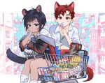  1boy 1girl absurdres animal_ears bag black_hair bow bowtie candy closed_mouth collared_shirt food highres holding holding_candy holding_food holding_lollipop jacket lollipop long_sleeves looking_at_viewer off_shoulder open_clothes open_jacket original pleated_skirt red_eyes redhead shirt shop shopping_cart short_hair sitting skirt socks tail thick_eyebrows timy white_shirt white_socks 