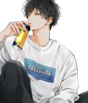  1boy absurdres black_hair black_pants blue_eyes can closed_mouth en_(e898n) hand_up highres holding holding_can knees_up looking_away male_focus original pants short_hair simple_background solo sweater upper_body white_background white_sweater 
