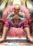  1boy abs blonde_hair couch dai-xt donquixote_doflamingo holding_hands jacket leg_hair light light_particles looking_at_viewer male_focus manly mature_male muscular muscular_male one_piece open_clothes open_shirt pants pectorals shirt shoes short_hair sitting smirk solo spread_legs sunglasses teeth tongue tongue_out window 