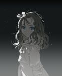  1girl blue_eyes bow braid child crown_braid female_child from_side frown gradient_background hair_bow light_particles long_hair long_sleeves looking_at_viewer looking_to_the_side monochrome original porridge_(sleeeeeep) solo spot_color wavy_hair 