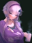 1girl absurdres alternate_costume at2. blush collar crossed_arms cup hairband hand_on_own_arm highres holding holding_cup purple_hair short_hair_with_long_locks sideways_glance solo steam sweater upper_body violet_eyes voiceroid yuzuki_yukari 