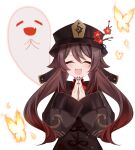  1girl absurdres black_nails blush boo_tao_(genshin_impact) brown_hair bug butterfly chibi closed_eyes commentary_request genshin_impact genshin_impact_sticker_redraw_(meme) ghost happy hat highres hu_tao_(genshin_impact) looking_at_viewer meme ougi_(u_to4410) own_hands_together simple_background smile solo twintails white_background 